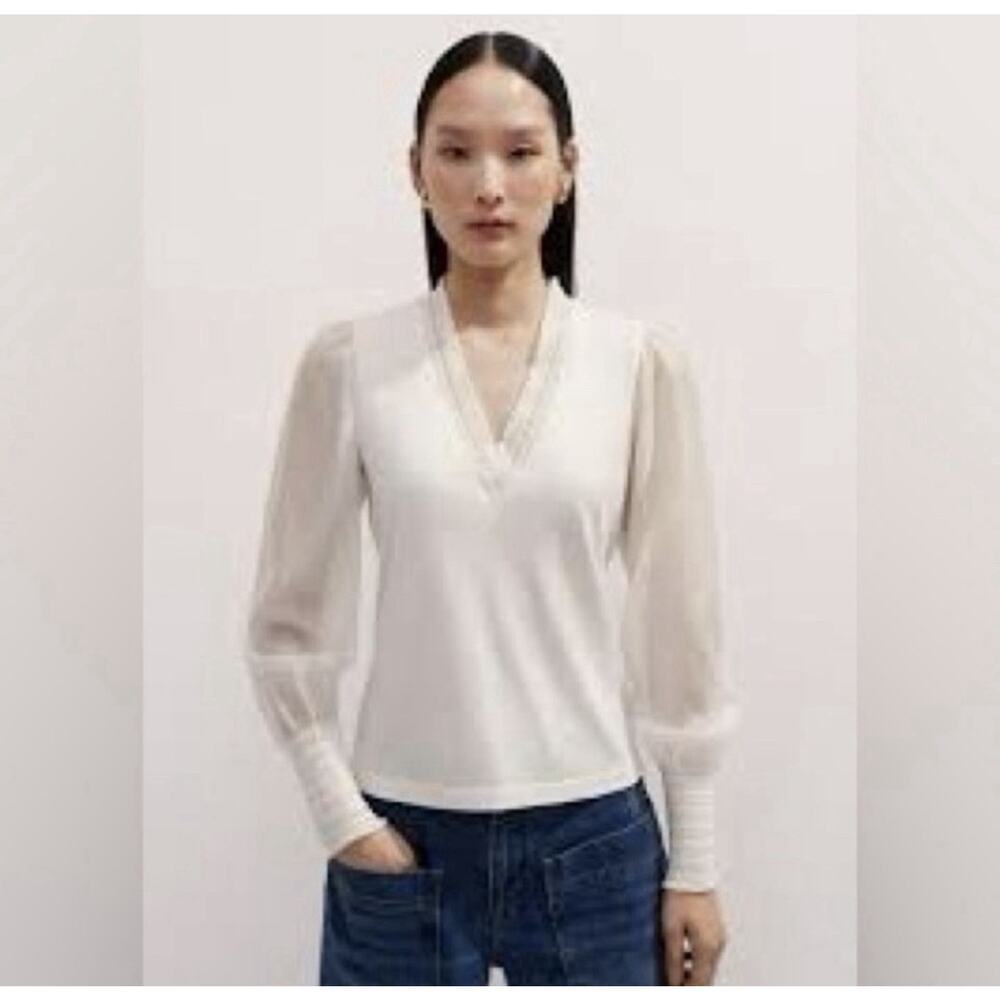 ME+EM Cotton Ruffle Peasant Blouse Cream Size 2 Puff Sleeve Cottagecore Aa11